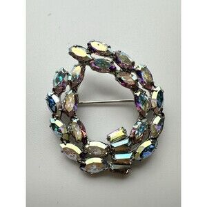 Vintage B. David Aurora Borealis Rhinestone Wreath Brooch Pin Silver Tone Signed